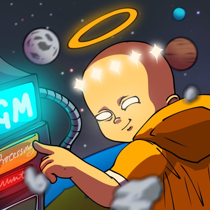 A serene cartoon figure with a glowing halo and stars around his head points at a machine displaying the letters "M" and partial words "Processing" and "Mint" against a cosmic backdrop, symbolizing calm anticipation as the mint event goes live in 4 hours, encouraging viewers to "turn off their panic mode."