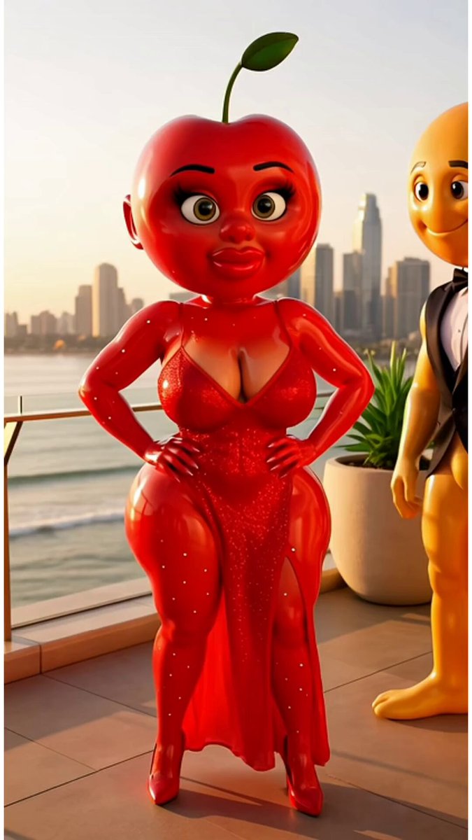 The image features two statues of people dressed up as cherries with red bodies and faces wearing dresses. The cherry statue has a dress that looks like a red gown, while the other one wears a red suit. They are standing next to each other on a balcony or deck overlooking water. The caption for this image is "Join the River community! @RiverdotInc empowers users with self-custody in DeFi. Connect with fellow enthusiasts at #River4fun".