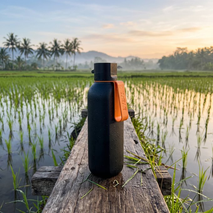 A black water bottle with an orange 'SYMBAT' tag sits on a wooden plank overlooking a misty rice paddy at sunrise.