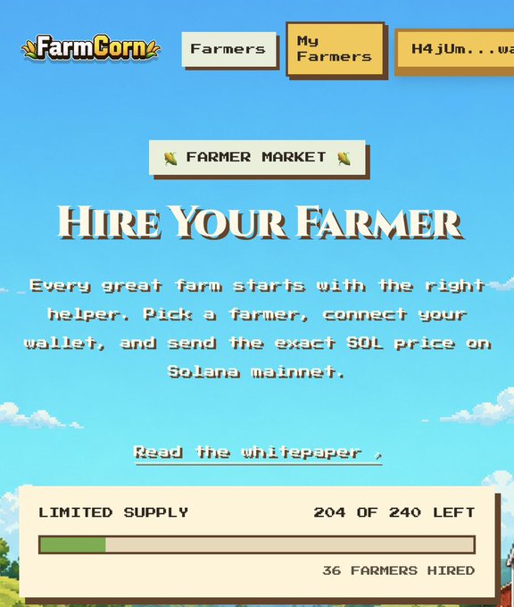 A website for 'FarmCorn' with a 'HIRE YOUR FARMER' promotion, mentioning Solana mainnet, with a limited supply counter showing '204 OF 240 LEFT' and '36 FARMERS HIRED'.