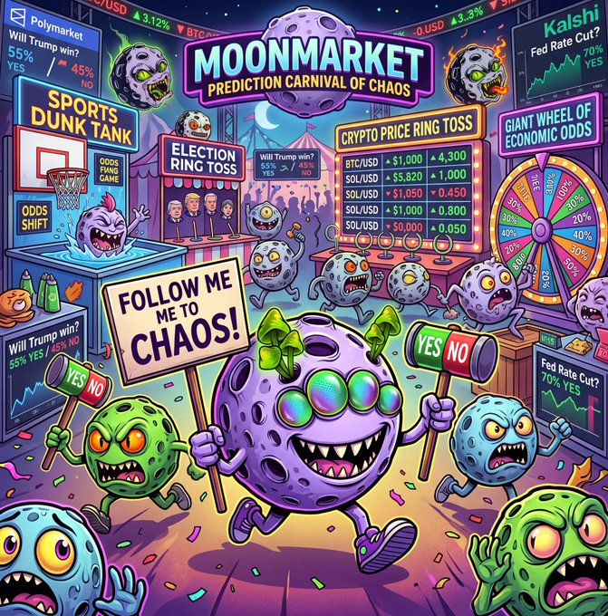 A colorful chaotic cartoon banner titled 'MOONMARKET - PREDICTION CARNIVAL OF CHAOS' features monster characters, a 'Crypto Price Ring Toss' game listing BTC/USD and SOL/USD prices, and prediction questions like 'Will Trump win?' and 'Fed Rate Cut?'.