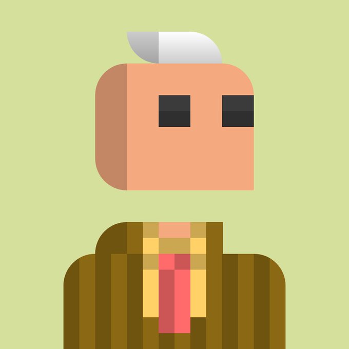 A flat-style illustration of a stylized character with peach skin, a white head tuft, dark square eyes, and a striped brown and yellow body with a red tie against a pale green background.