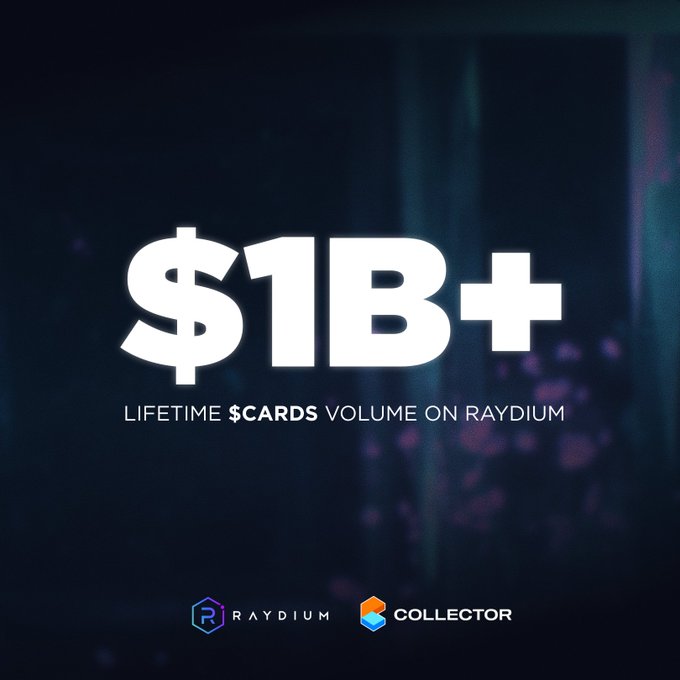 The image showcases a collection of rare trading cards displayed for sale on a website named "Raydium". The title of the post that this listing belongs to reads, "$1B+ Lifetime Scard's Volume On Raydium", indicating a large amount of trading card sets available for purchase. Additionally, there is information about collectors and how they are making use of these cards at the bottom of the image. This emphasizes the unique nature of these trading cards as collector's items and the value they hold in terms of rarity and collectability.