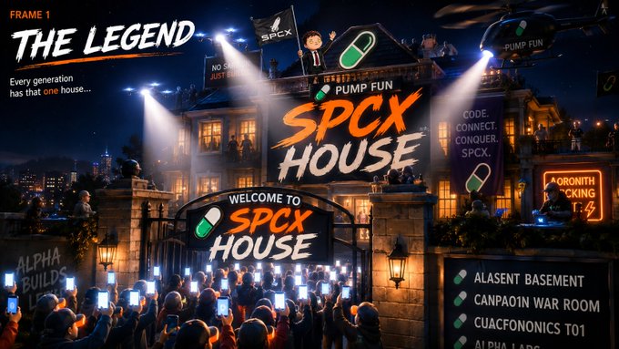 The image features a large crowd gathered outside a building with a sign that reads "SPCX House". The crowd consists of people standing around the entrance of the house, which has a neon sign above it that says "Welcome to SPCX House". There are also several people holding up their phones in front of the house. The image is related to the post because it shows an advertisement for the SPCX House and its event, attracting attention from potential attendees or customers.