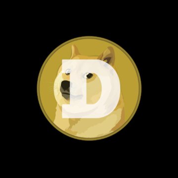 A gold Dogecoin coin featuring the Shiba Inu dog with a white 'D' symbol overlaid on it, set against a black background.