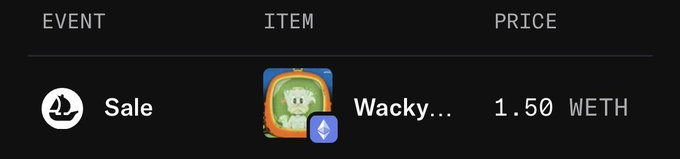A screenshot of an NFT marketplace listing shows a "Sale" event for an item called "Wacky..." priced at 1.50 WETH, aligning with the post about Collectors using WETH for transactions.