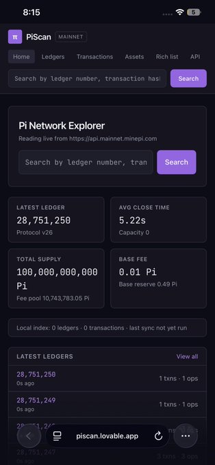 Screenshot of the PiScan app (piscan.lovable.app) showing the Pi Network Mainnet Explorer, displaying live stats like a latest ledger of 28,751,250 (Protocol v26), a total supply of 100,000,000,000 Pi, an avg close time of 5.22s, and a base fee of 0.01 Pi.