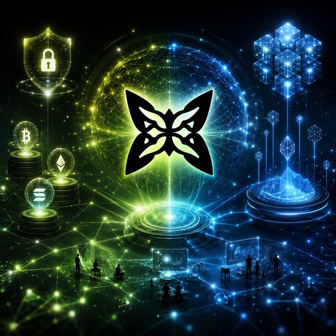 The image features a vibrant digital illustration of a butterfly surrounded by various elements such as a globe, bubbles, and other objects like chairs and people. The butterfly is positioned centrally within the scene, drawing attention to its unique design. The background is filled with blue and green colors, creating an immersive and visually appealing environment. 

The post about Quantum security and useful compute introduces the concept of using quantum-resistant signatures for Bitcoin, Ethereum, and Sol coins without requiring users to change their wallets or adopt new mining techniques. This idea is presented in a captivating digital illustration that showcases the butterfly surrounded by these elements, emphasizing the connection between the butterfly's design and the underlying technology.