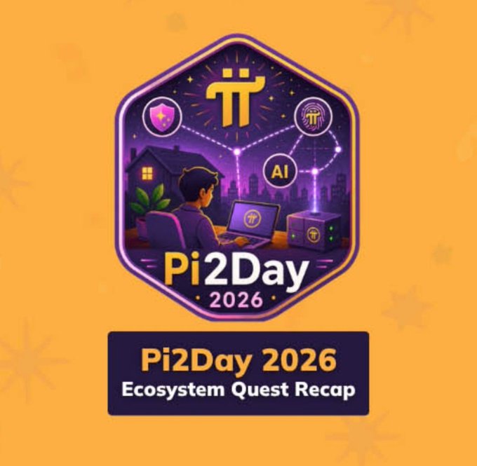 A hexagonal Pi2Day 2026 badge titled 'Ecosystem Quest Recap' features an illustration of a person at a laptop with AI, Pi, and shield icons connected by constellations against a purple cityscape background.