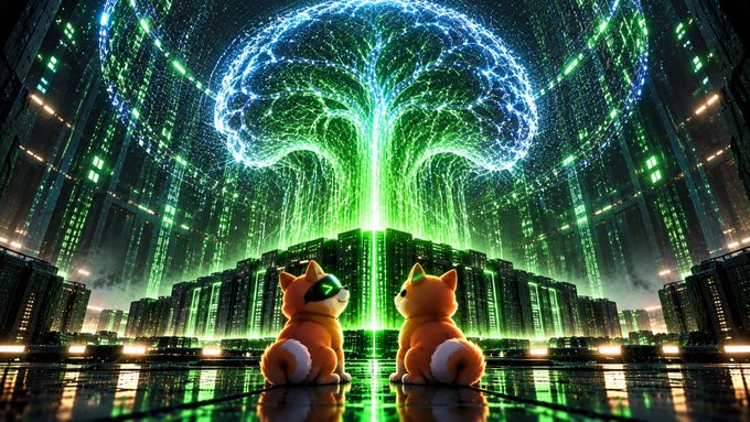 A fantastical sci-fi scene features two small orange cat figures wearing backpacks, sitting on a reflective surface and gazing at a massive glowing green and blue tree-like structure surrounded by towering futuristic skyscrapers.