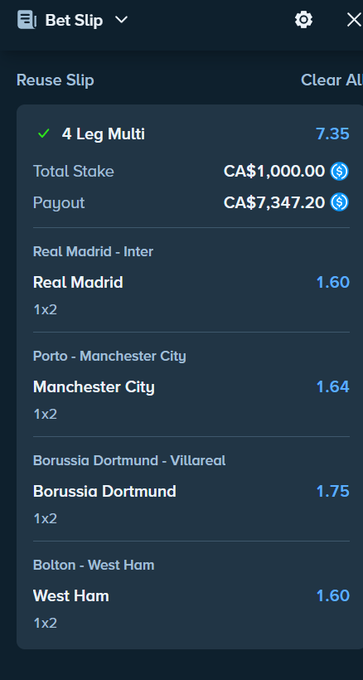 A betting slip from Stake showing a 4-leg multi with a CA$1,000 total stake and potential payout of CA$7,347.20, featuring wagers on Real Madrid (1.60), Manchester City (1.64), Borussia Dortmund (1.75), and West Ham (1.60) to win their respective matches. The slip represents the user's confident "lock" picks shared as their betting selections for the night.