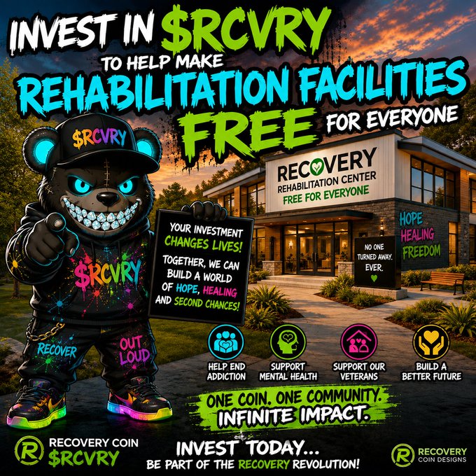 An advertisement featuring a menacing cartoon bear character for '$RCVRY Recovery Coin,' promoting investment to help make rehabilitation facilities free for everyone, with text including 'INVEST TODAY... BE PART OF THE RECOVERY REVOLUTION!'
