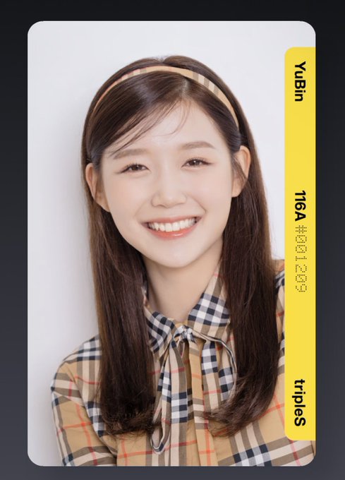 A photo card labeled 'Yubin' from the group 'tripleS' featuring a smiling woman in a plaid shirt, with the text '116A #이다을' and '#' visible.