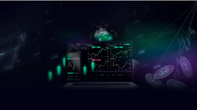 "The screen shows a laptop with an open stock chart displaying bars of different heights representing fluctuations in stock prices."