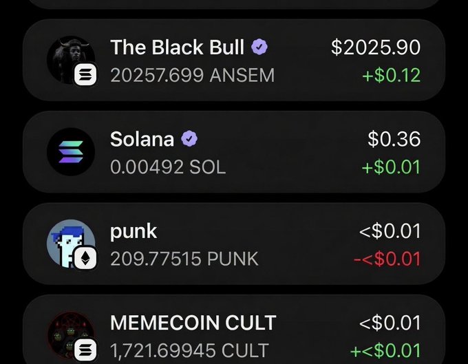 A screenshot of a crypto wallet portfolio showing holdings including "The Black Bull" ($ANSEM) at $2025.90, Solana ($SOL) at $0.36, punk ($PUNK) under $0.01, and MEMECOIN CULT ($CULT) under $0.01. The image serves as proof of receiving the $ANSEM token from @blknoiz06, with the top asset prominently displaying the gifted token's value.