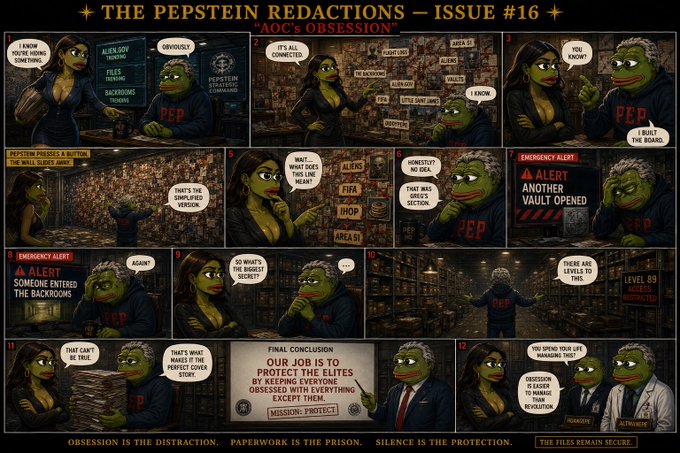 The image features a cartoon strip with various characters, including a man wearing a suit and tie holding a book titled "THE PEPSTEIN REDACTIONS - ISSUE #16 AOC'S OBSESSION", which appears to be about the search for the truth in the case of the Peepstein Redactions. The cartoon strip also includes several other characters with different expressions, such as a woman wearing a dress and another man dressed in a suit.