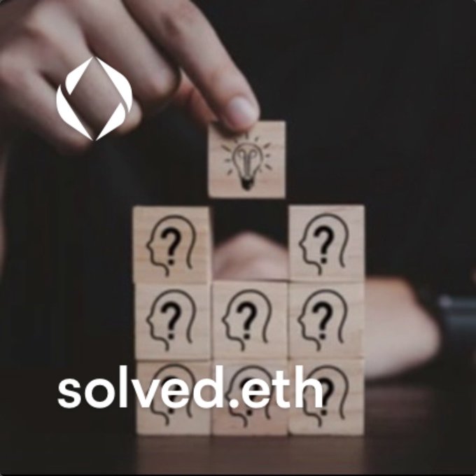 A promotional image for solved.eth showing a hand placing a wooden block with a lightbulb icon on top of a pyramid of blocks featuring head silhouettes with question marks.