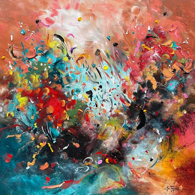A vibrant abstract painting with splashes of pink, red, blue, yellow, and green paint, signed in the bottom right corner.