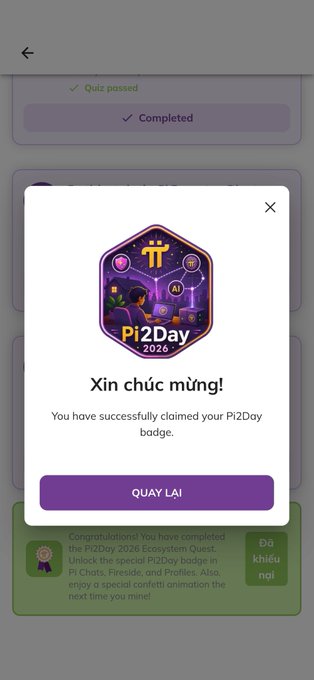 A Pi2Day 2026 badge popup displays congratulations in Vietnamese, reading "Xin chúc mừng! You have successfully claimed your Pi2Day badge" with "QUAY LẠI" (Return) button, celebrating the user receiving the Pi Network annual event badge tied to the launch of SoloHost, Pi Sign-in, and PiVerify ecosystem tools.
