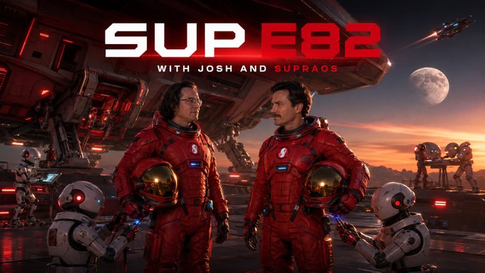 Two men in red spacesuits stand surrounded by robots under a sci-fi sunset, with bold text reading "SUP E82 WITH JOSH AND SUPRAS" — promotional artwork for a Supra community update episode featuring Josh Tobkin discussing Supra's latest developments at 3pm UTC.