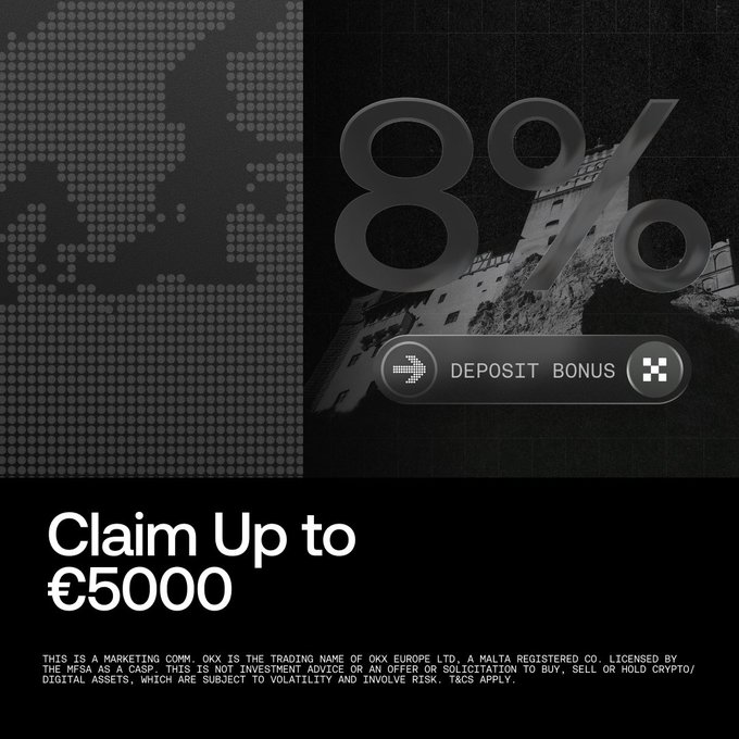 A promotional graphic from OKX advertises an 8% deposit bonus and 'Claim Up to €5000' against a dark background featuring a pixelated world map and Great Wall imagery.
