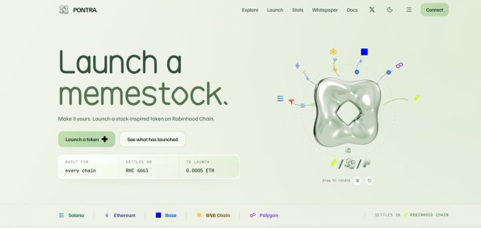 A webpage for "PONTRA" showing "Launch a memestock" with options for launching tokens, settled on Robinhood Chain at 0.0005 ETH, supported by Solana, Ethereum, Base, BNB Chain, and Polygon.