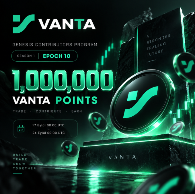 The image is a promotional graphic for Vanta Exchange's Genesis Contributors Program (Season 1, Epoch 10), featuring the bold headline "1,000,000 VANTA POINTS" alongside the campaign dates (September 17 – September 24, 00:00 UTC) and the tagline "Trade, Contribute, Earn," visually reinforcing the announcement of a one-million-point reward pool distributed across a week-long trading and ecosystem engagement season.