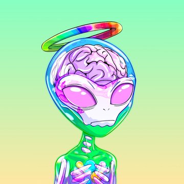 A psychedelic illustration of a green alien-like figure with a transparent head revealing a pink brain, glowing pink eyes, and a rainbow halo above its head.