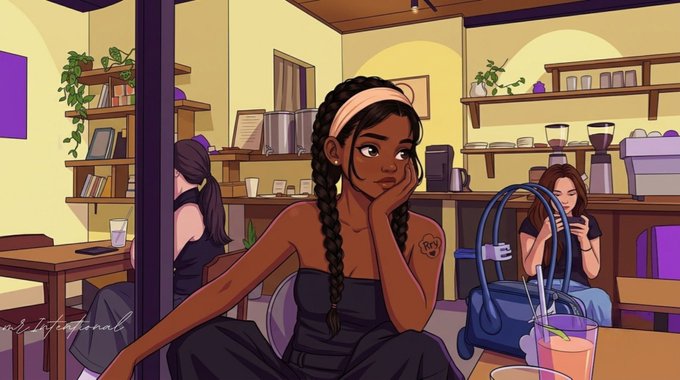 An animated illustration shows a young woman with long braids and a headband sitting in a cafe, looking bored with her chin in her hand, with a purple handbag beside her.