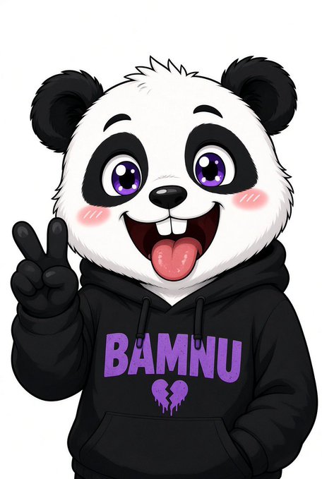A cartoon panda character with purple eyes wearing a black hoodie that reads 'BAMNU' in purple dripping letters gives a peace sign with its tongue out.