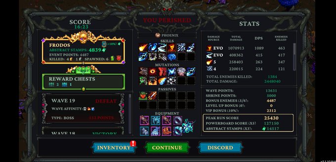 A 'YOU PERISHED' game over screen displays a 'FRODOS' score of 164,541 with detailed stats showing wave points, shrine points, and bonus incentives.