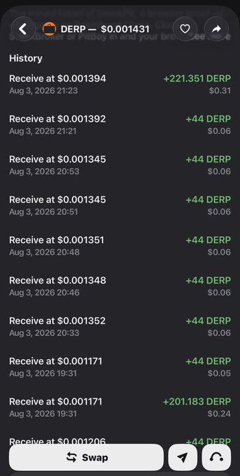 A mobile app screen displays the history of DERP token transactions, showing multiple 'Receive' entries from August 3, 2026.