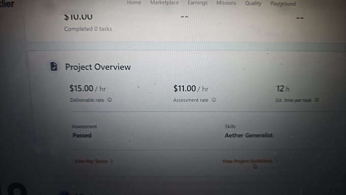 A photograph of a computer screen displaying a project overview page with rates of $15.00/hr (Deliverable), $11.00/hr (Assessment), and 12h (Est. time per task), noting 'Skills: Aether Generalist' and 'Assessment: Passed'.