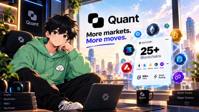 An anime-style illustration advertises Quant with the tagline 'More markets. More moves,' featuring a character in a green hoodie beside a tablet showing '25+ Blockchains', '10K+ Tokens', and 'Smart Routing', with a Quant mug and books labeled 'Crypto', 'Blockchain', 'Web3', 'The Future' nearby.