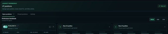 A web interface displaying a "LIQUIDITY WORKSPACE" for "LP positions" with an open position for "PONC/WETH" and two empty slots for new positions.