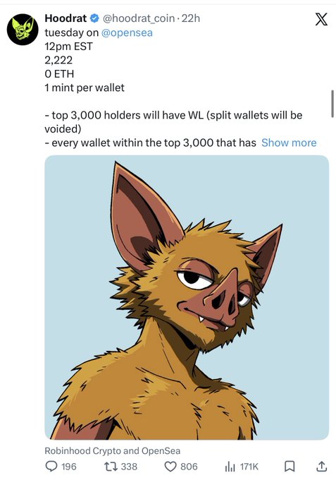 The image is a tweet from @hoodrat_coin announcing a Tuesday 12pm EST NFT mint on OpenSea with 2,222 supply at 0 ETH, offering 1 mint per wallet and whitelist spots for the top 3,000 Hoodrat holders. The accompanying post criticizes OpenSea for supporting a mint associated with a "known rug from a hacked artist" shortly after HollanderAdam's resignation, suggesting the platform's PR is in disarray.