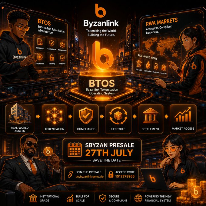 The image is a vibrant promotional graphic for **Byzanlink** and its **BTOS (Byzanlink Tokenisation Operating System)**, advertising the **$BYZAN Presale on 27th July**, with a presale access code of **1012278955**. It features illustrated characters alongside feature panels highlighting BTOS End-to-End Tokenisation Infrastructure (issuance, compliance, settlement, security, lifecycle) and RWA Markets (real-estate, commodities, private credit), connected by a workflow of Real-World Assets → Tokenisation → Compliance → Lifecycle → Settlement → Market Access.

The post's "build a bridge people can trust" metaphor ties directly into the graphic's emphasis on **trust-building infrastructure**—positioning tokenisation not just as placing assets onchain, but as constructing a compliant, secure, and accessible bridge between traditional real-world assets and digital markets, which is exactly what Byzanlink's BTOS platform is visually marketed to deliver.