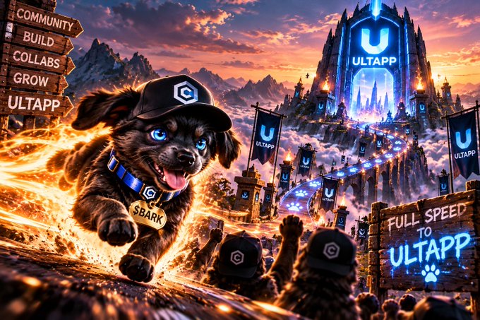 A digital fantasy artwork featuring a black puppy with a glowing blue tag named 'SPARK' running through flames toward a castle labeled 'ULTAPP,' with signs reading 'COMMUNITY, BUILD, COLLABS, GROW, ULTAPP' and 'FULL SPEED TO ULTAPP.'