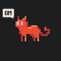 A pixel-art red/orange cat character with pink eyes and a speech bubble reading "GM" appears on a dark background, visually representing the post's "GM lil kittens" greeting.