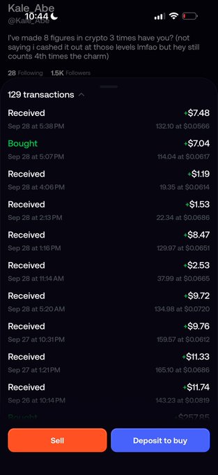 A Twitter post by user 'Kale Abe' (@Kale_Ab25) claiming to have made 8 figures in crypto 3 times, displayed over a transaction history showing 129 transactions with received amounts in dollars.