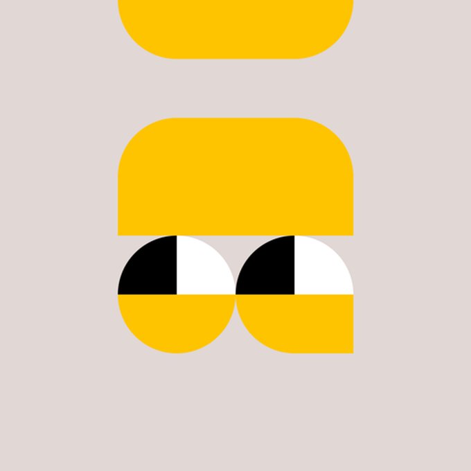 A minimalist cartoon character with a yellow rectangular hat and head, featuring large expressive black and white eyes.