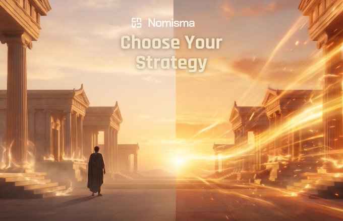 A promotional graphic for 'Nomisma' with the text 'Choose Your Strategy' showing a cloaked figure standing between two ancient Greek-style temple structures under a dramatic sunset sky.