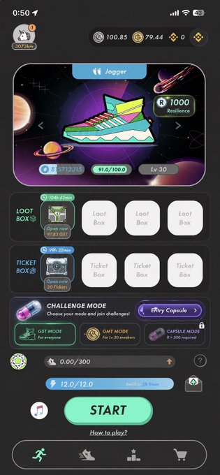 A STEPN mobile app screen showing the Jogger sneaker NFT at level 30 with 1000 resilience, alongside loot box and ticket box options.