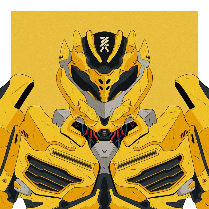 A close-up illustration of a yellow robotic/mech suit with black accents and a stylized symbol on its forehead against a yellow background.