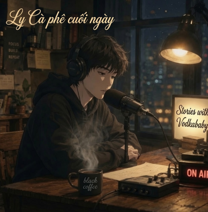An anime-style illustration of a young man with headphones speaking into a microphone in a dimly lit room, with Vietnamese text 'Ly Cà phê cuối ngày' and English text 'Stories with Vodkababy' visible, accompanied by a 'black coffee' mug.