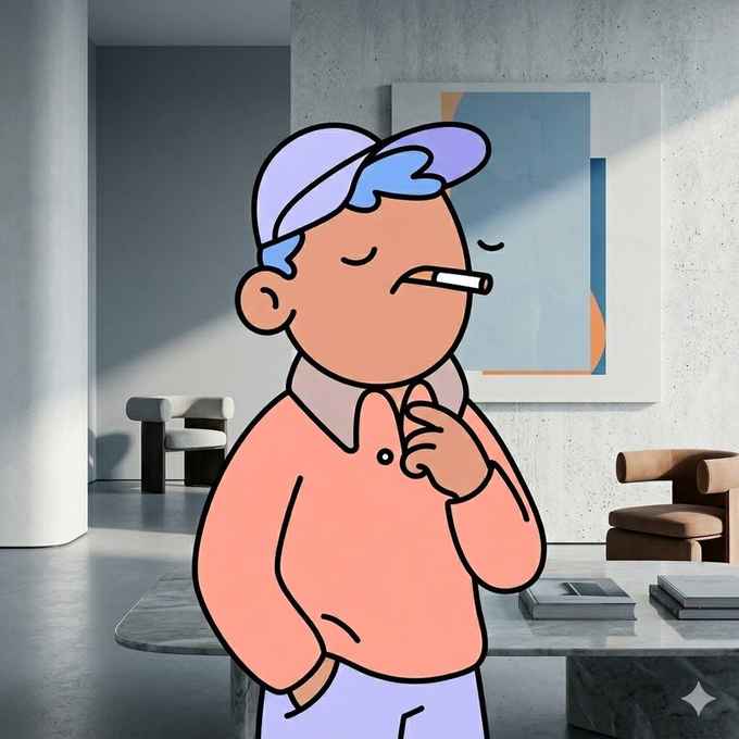 A cartoon character wearing a purple cap and pink sweater smokes a cigarette with eyes closed in a modern, minimalist living room. The relaxed, contemplative pose pairs with the "GM NFT fam" morning greeting, suggesting a calm start-of-day vibe for the crypto community.