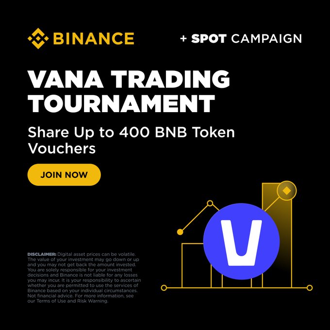 A Binance promotional graphic for the VANA Spot Trading Tournament, featuring the Binance and "+ SPOT CAMPAIGN" logos, large white text announcing "VANA TRADING TOURNAMENT" with "Share Up to 400 BNB Token Vouchers," a yellow "JOIN NOW" button, and a stylized purple VANA coin graphic beside a bar chart—directly illustrating the post's call to action to trade VANA for a chance to win a share of the 400 BNB voucher prize pool.