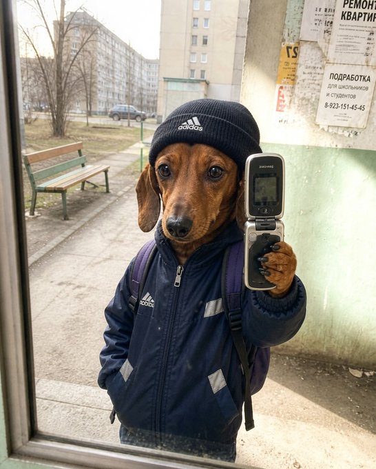 A dachshund dog dressed in human clothing including an Adidas beanie, navy blue Adidas jacket, and purple backpack, holding a flip phone while standing in what appears to be a Russian apartment building entrance.