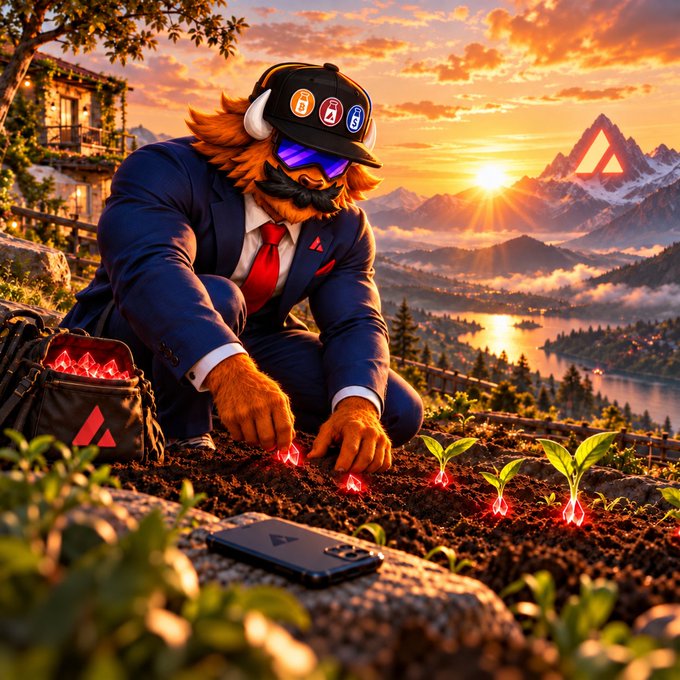 A digital illustration of a furry character in a business suit and cap planting glowing red seedlings in soil, with a scenic mountain and lake at sunset in the background.