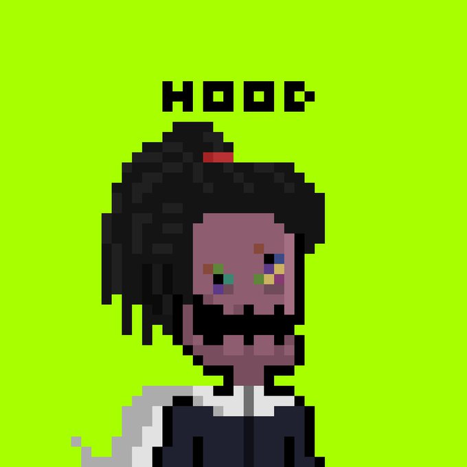 A pixel art illustration on a green background featuring a character with black hair and colorful pixelated eyes, with the text 'HOOO' above.